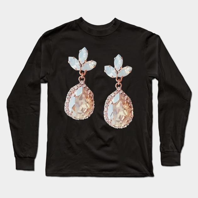 Rose-gold costume jewellery earrings with nude crystals and moon stones. Long Sleeve T-Shirt by Tana B 